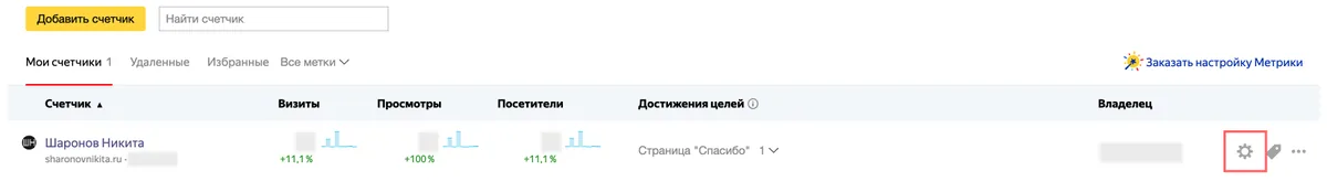 Список счётчиков в Яндекс Метрике: иконка шестерёнки ведёт в настройки